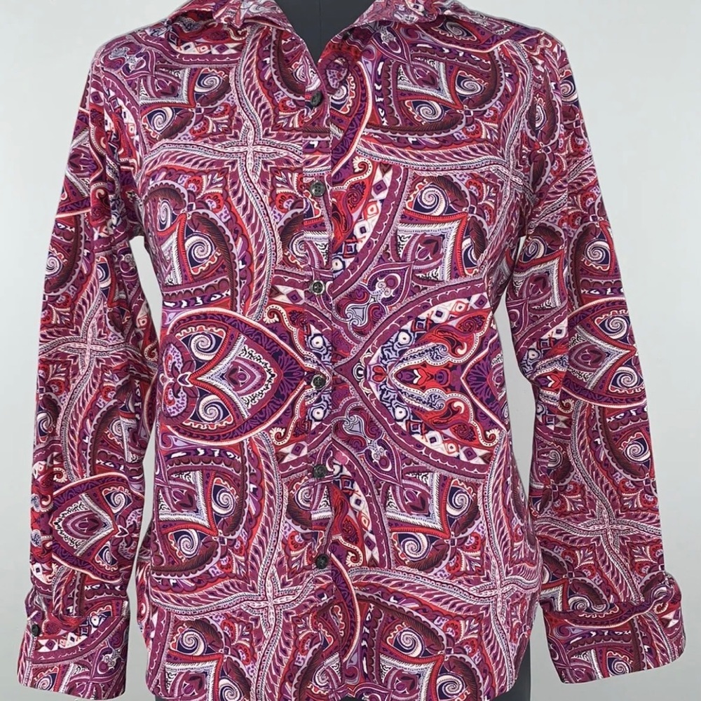 Women’s 6P Lands’ End No Iron Supima Purple Paisley L/S Button Down Fall Shirt